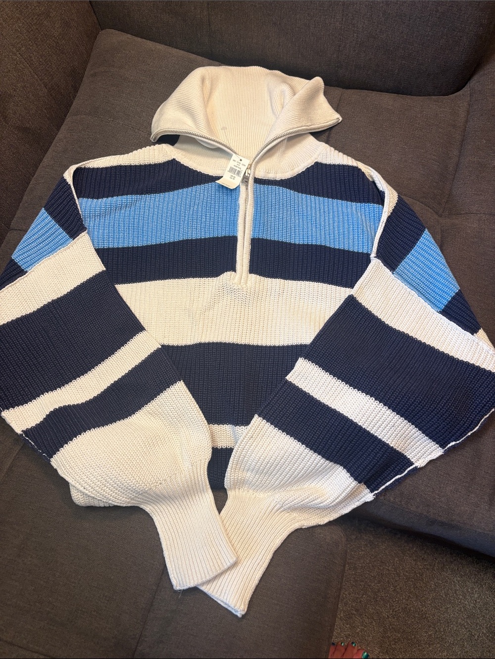 aerie Navy, Light Blue & Cream Striped Half-Zip Cowl Sweater